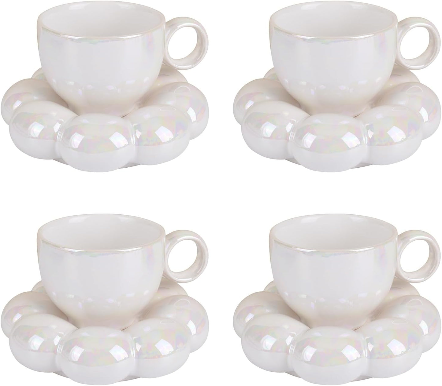 Koythin 4 Pieces Ceramic Sunflower Mug Saucer Set, Creative Cute Cup with Cloud Coaster, 6.5 oz/200 ml Aesthetic Mugs for Tea Latte Milk (4 Pearl White)