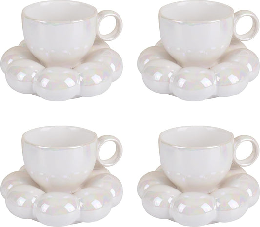 Koythin 4 Pieces Ceramic Sunflower Mug Saucer Set, Creative Cute Cup with Cloud Coaster, 6.5 oz/200 ml Aesthetic Mugs for Tea Latte Milk (4 Pearl White)