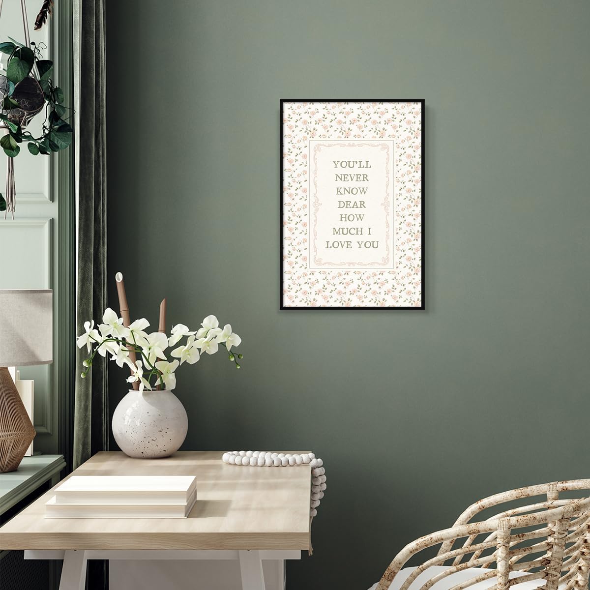 Girl Nursery Canvas Wall Art, You'll Never Know Dear How Much I Love You Quote Poster, Farmhouse Pink Flowers Print for Girls Bedroom, Green Plant Floral Picture for Wall 16x24in Unframed