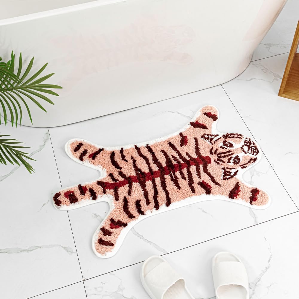 Huichenxing2021FURSTORE Funny Tiger Bath Mat - Cute Peach Pink Tiger Cartoon Bathroom Non Slip Animal Shaped Absorbent Small Bathtub Rug, Plush Shower Rug 33.1x21.7in