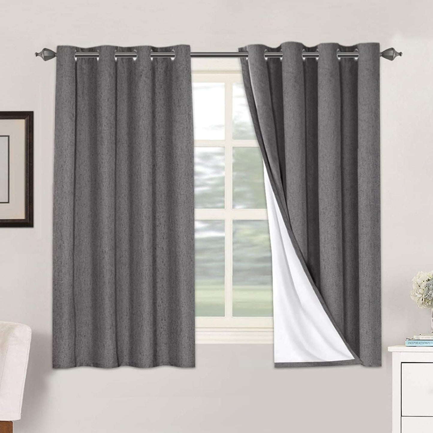 H.VERSAILTEX Linen Blackout Curtains 54 Inches Long 100% Absolutely Blackout Thermal Insulated Textured Linen Look Curtain Draperies Anti-Rust Grommet, Energy Saving with White Liner, 2 Panels, Grey