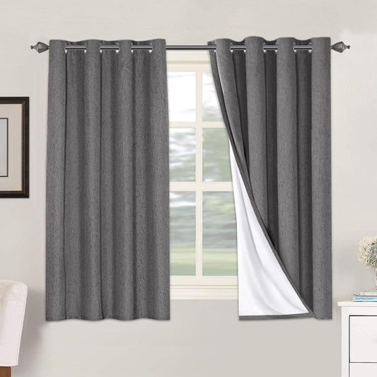 H.VERSAILTEX Linen Blackout Curtains 54 Inches Long 100% Absolutely Blackout Thermal Insulated Textured Linen Look Curtain Draperies Anti-Rust Grommet, Energy Saving with White Liner, 2 Panels, Grey