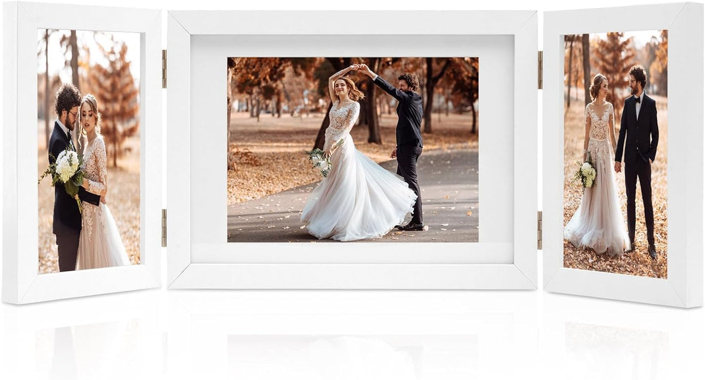 Hinged 3 Picture Frame 4x6 & 5x7 Folding Collage Photo Frames Multiple Wooden Desk Picture Frames with Mat for Office Tabletop or Wall Decor, White
