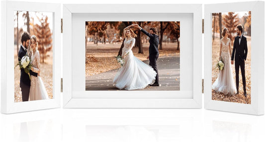 Hinged 3 Picture Frame 4x6 & 5x7 Folding Collage Photo Frames Multiple Wooden Desk Picture Frames with Mat for Office Tabletop or Wall Decor, White