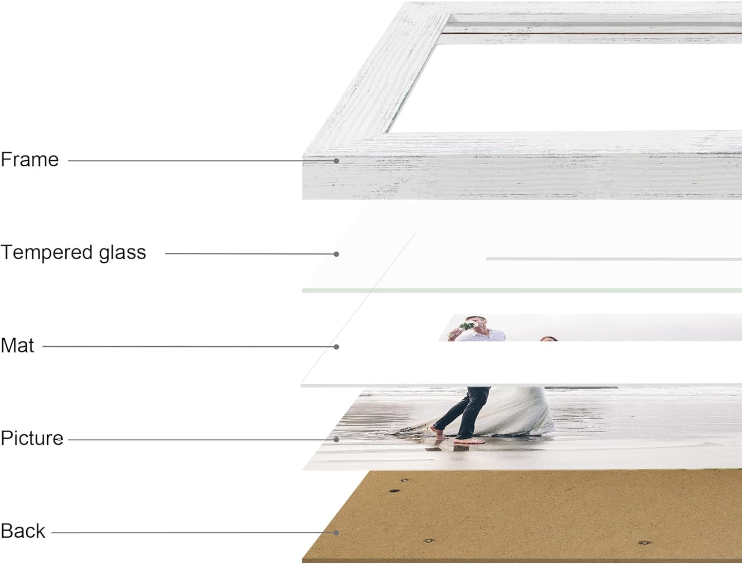 iRahmen 11x14 Picture Frame Set of 4 with Tempered Glass, Distressed White Frame Display 8x10 Picture with Mat or 11 x 14 Without Mat, Wood Rustic Photo Frames for Horizontal or Vertical Wall Mounting