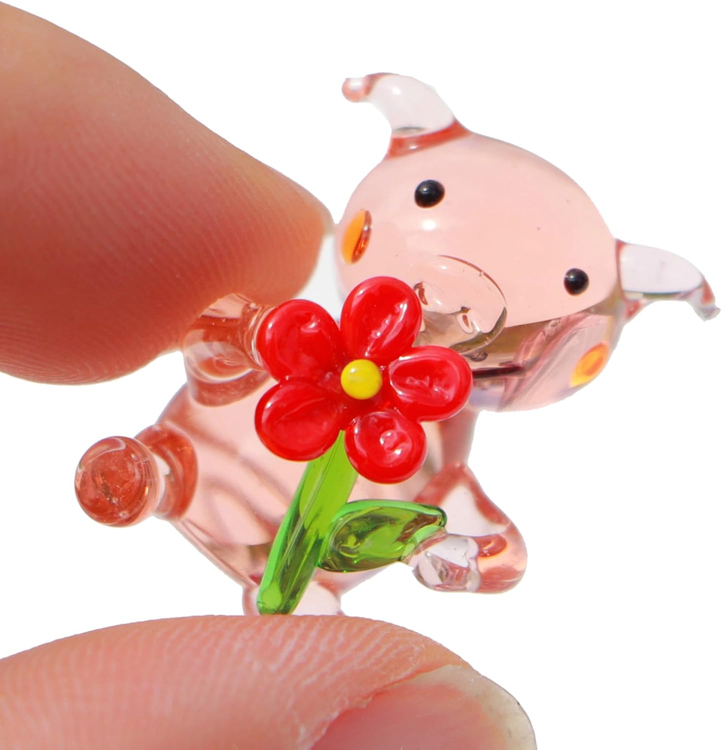 Miniature Hand Blown Glass Pig Figurine Crystal Animal Decor, Home Statues Collectible Figurines 3D Animal Ornament for Women & Men Flower