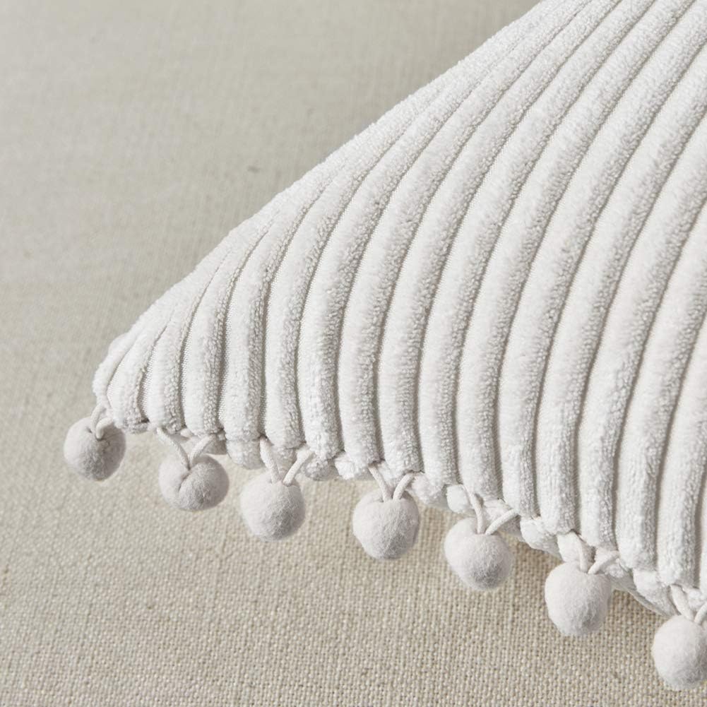 Fancy Homi 24x24 Pillow Covers, Pack of 2 Cream White Throw Pillow Covers with Pom-poms, Super Soft Corduroy Square Solid Cushion Cover for Couch Sofa Bedroom Living Room 60x60 cm