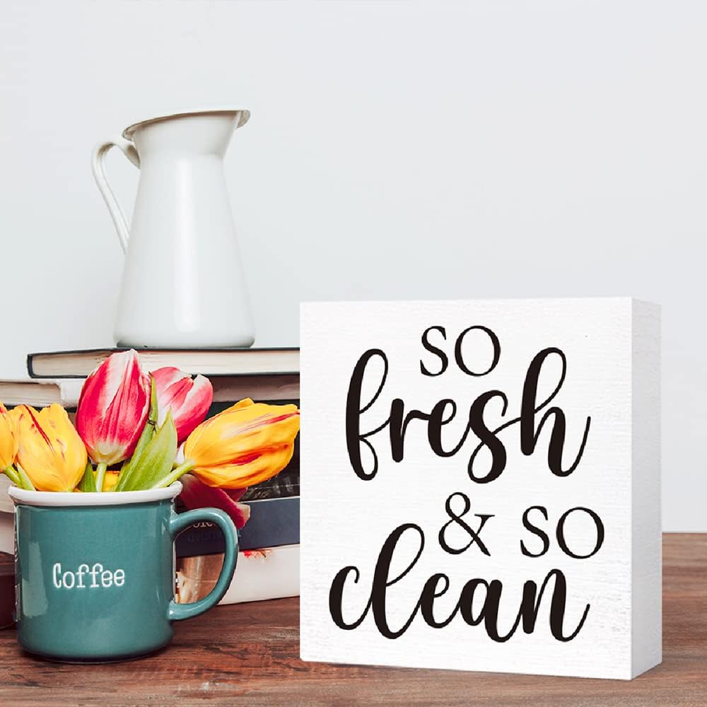 Funny So Fresh & So Clean Wooden Sign - Farmhouse Style for Bathroom, Toilet, Home Tabletop Decor