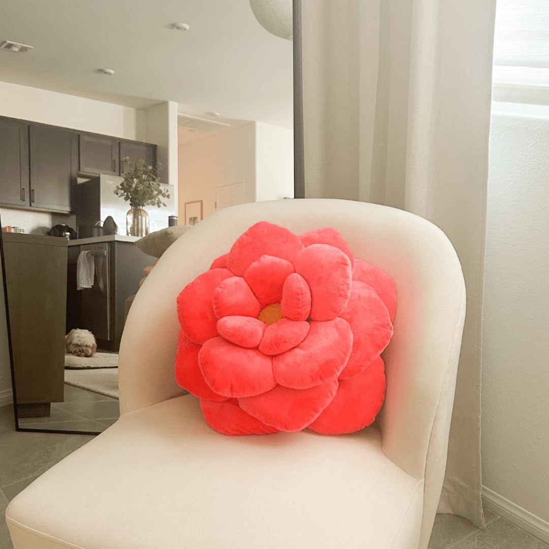 Green Philosophy Co. Camellia Plush Flower Pillow - Neon Coral