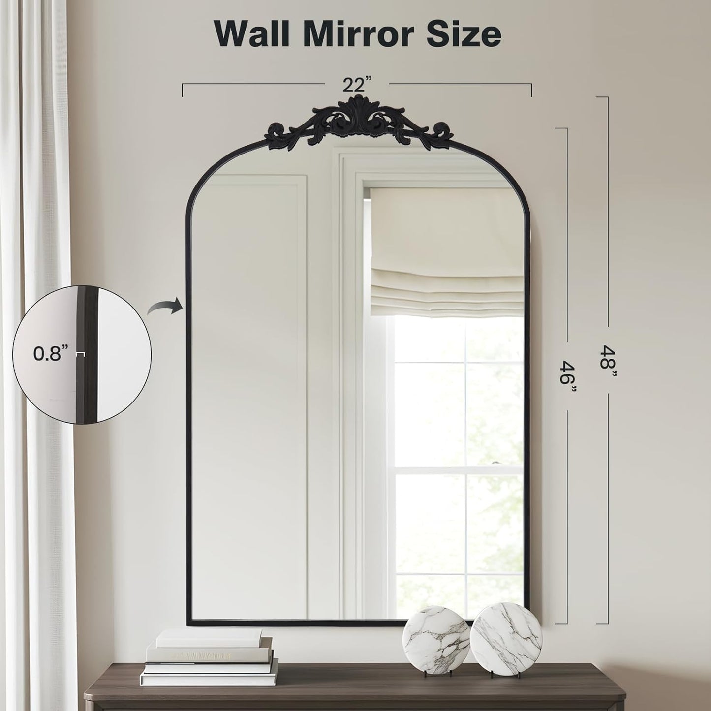 Filigree Arched Wall Mirror 22"x46" Retro Wall-Mounted Mirror with Vintage Ornate Carved Applique Hanging Leaning Antique Home Decor Mirror for Fireplace Living Room Entryway Hallway Bathroom, Black