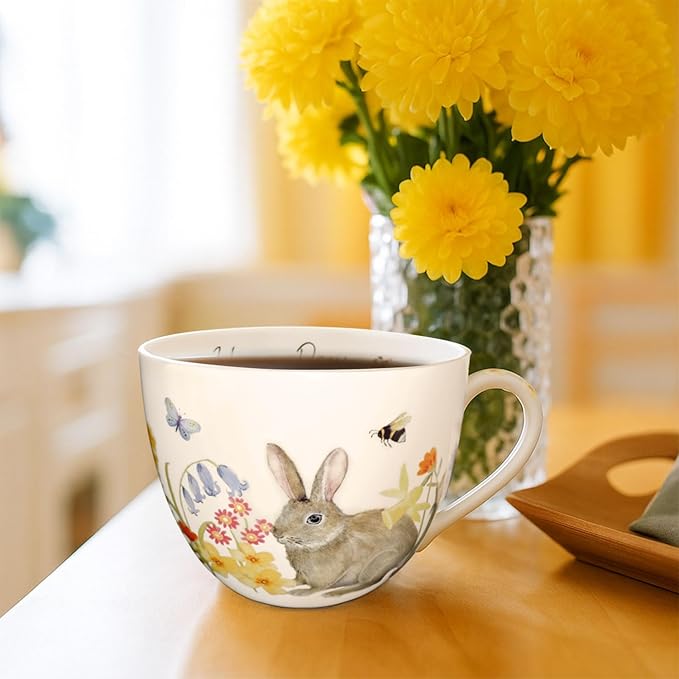 20 oz Rabbit Coffee Hug Mug, Spring Flowers & "Happy Days" Slogan, Premium Bone China Cute Bunny Mug, Perfect Holiday and Birthday Gift for Women, Designed in England by Harvest Green Studio