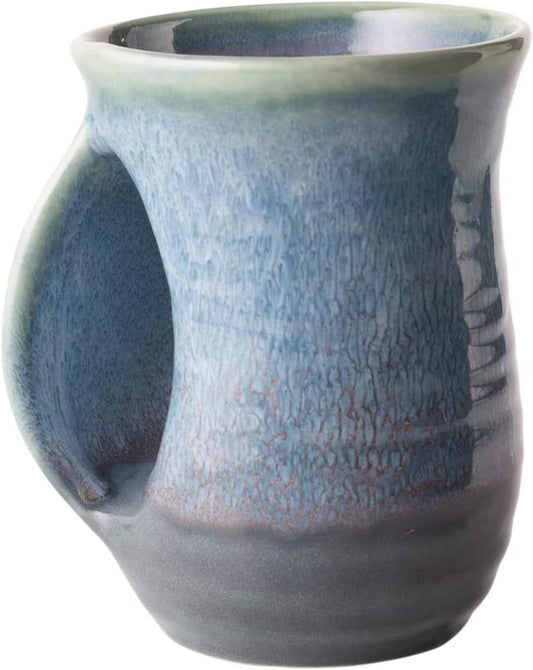 GUTE Hand Warmer Mug, Ceramic and Hand Painted - Contoured Pocket will Hold Warmth From The Heat Of Your Drink To Keep Your Fingers Warm, Comfy Handwarmer (Lagoon Blue) (Left hand)