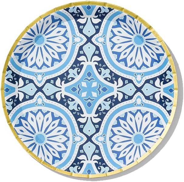 Coterie Blue and Gold Plates (Set of 10 Small) Moroccan, Navy, Nice for Wedding, Bridal Shower, Dinner Party | 7.25" Fancy Paper Plates