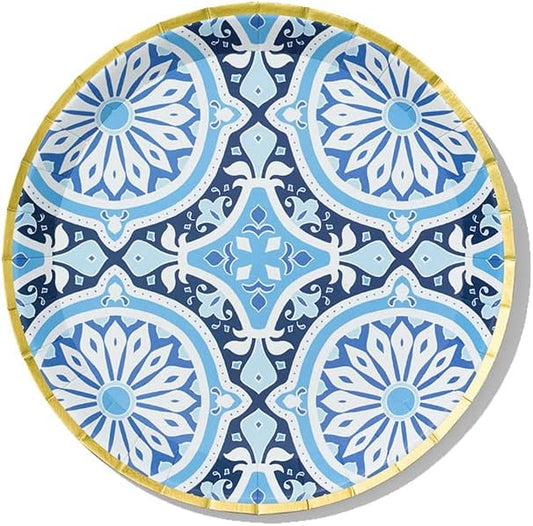 Coterie Blue and Gold Plates (Set of 10 Small) Moroccan, Navy, Nice for Wedding, Bridal Shower, Dinner Party | 7.25" Fancy Paper Plates