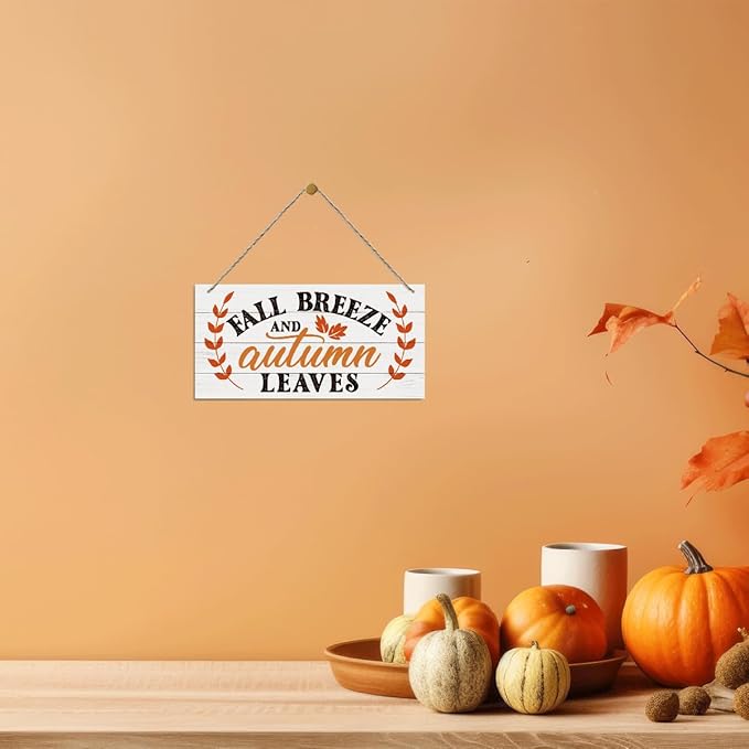 Thanksgiving Decorative Wood Hanging Plaque - Fall Breeze and Autumn Leaves Front Door Decor, Indoor Outdoor Decor