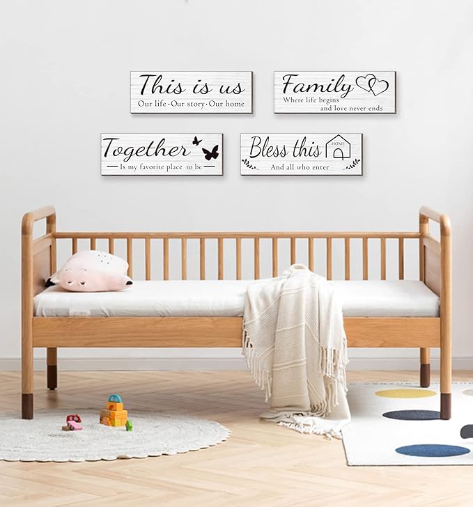 4 Pieces Wooden Home Wall Art Decor, Rustic, Farmhouse THIS IS US/TOGETHER/BLESS THIS HOME/FAMILY Decor Signs For Living Room Bedroom, 4.7 x 13.8 Inch(White)