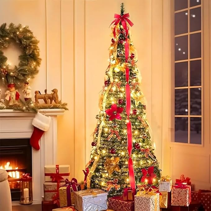 6 ft pre-lit Decorated Christmas Tree, 200 LED Warm Lights, pop-up Christmas Tree, Gold and red, PVC lit Christmas Tree