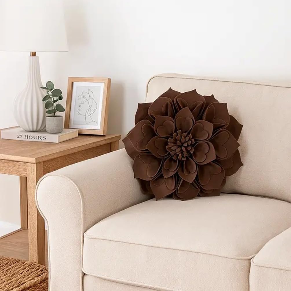 Fennco Styles Handmade 3D Heart-Shaped Petals Flower Decorative Throw Pillow Cover Only - 13" Round Chocolate Floral Pillow Case for Couch, Home Décor and Holiday, Housewarming Gift