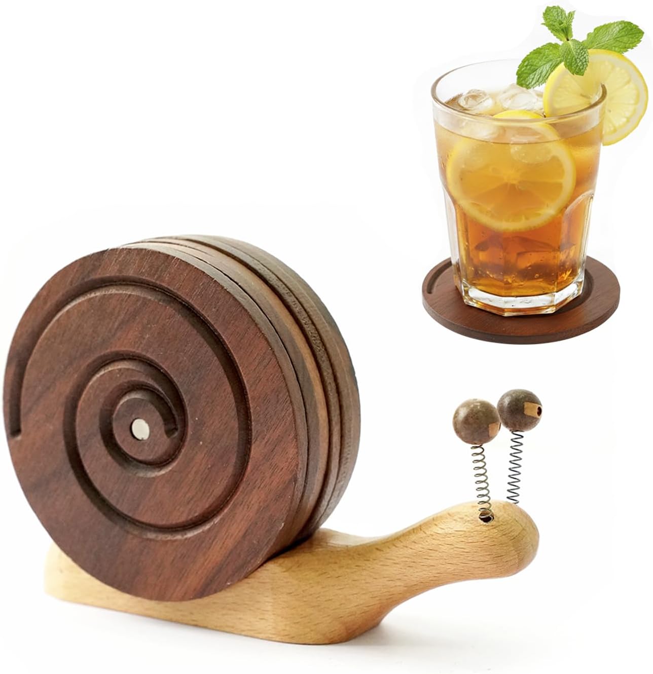 Creative Handcrafted Snail Coaster Holder for Drinks, Premium Walnut Wood Coasters Set of 6 - Unique Nature Inspired Decor for Coffee Table, Fun Housewarming Gifts & Tabletop Organizer.