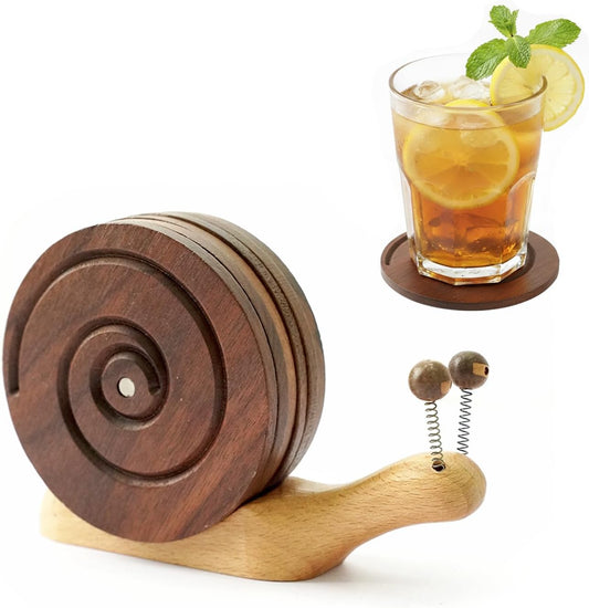 Creative Handcrafted Snail Coaster Holder for Drinks, Premium Walnut Wood Coasters Set of 6 - Unique Nature Inspired Decor for Coffee Table, Fun Housewarming Gifts & Tabletop Organizer.