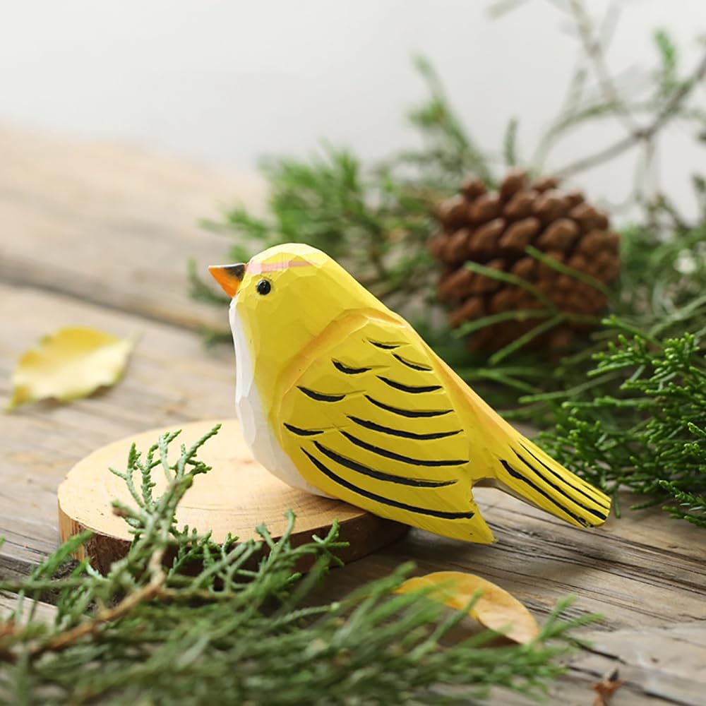 DIYOMR Bird Figurine, Hand Carved Birds Wood Décor, Art Animal Wooden Sculpted Bird with Wood Block, Vivid Bird Statue for Gift Home Table Ornament Decor (Yellow Bird)