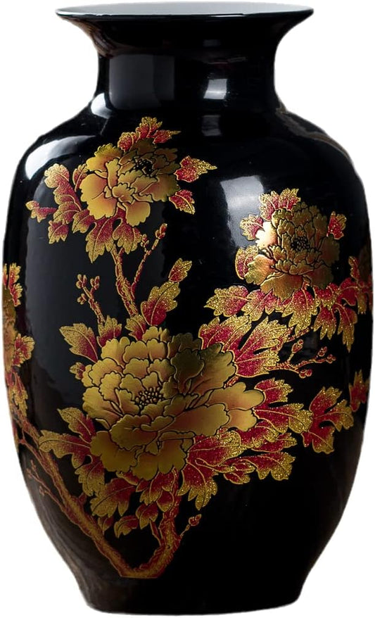 Black Vases Chinese Ceramic Flower Vase Decorated with Peony Design for Home Living Room Display and Gift from Jingdezhen Porcelain