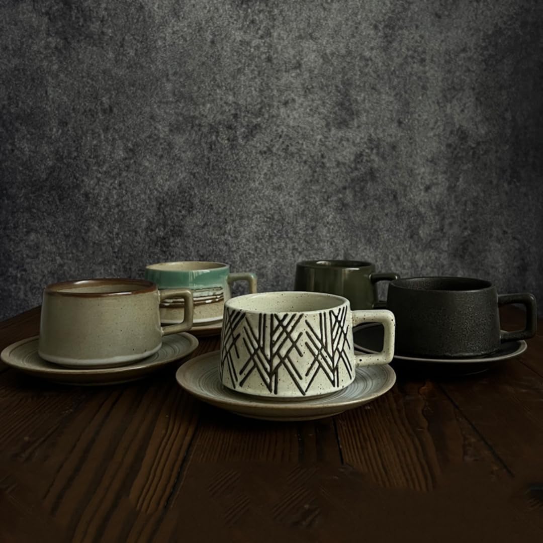 Japanese Simple Stoneware Coffee Cup and Saucer Set - Vintage Ceramic Teacup Mug Gift Box - Home Office Afternoon Tea Set