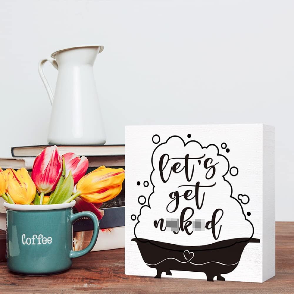 Funny Wood Block Sign 'Let's Get Naked' for Bathroom Shelf, Toilet, Restroom - Farmhouse Wooden Box Sign for Home Tabletop Desk Decor