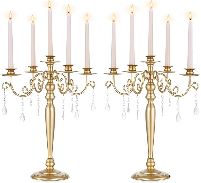 Sziqiqi Wedding Candelabra Table Centerpiece: 5 Arm Candelabras for Candlesticks - Gold Candle Holder Set of 2 for Christmas Engagement Birthday Party Event