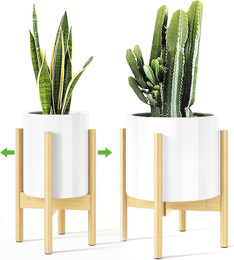 MUDEELA 14.5 Inch Tall Plant Stand for Indoor, Adjustable Width Bamboo Plant Stand for 8 9 10 11 12 Inches Pot, Single Tier Planter Holder Floor Stand, Mid Century Modern Style, Natural, Without Pot
