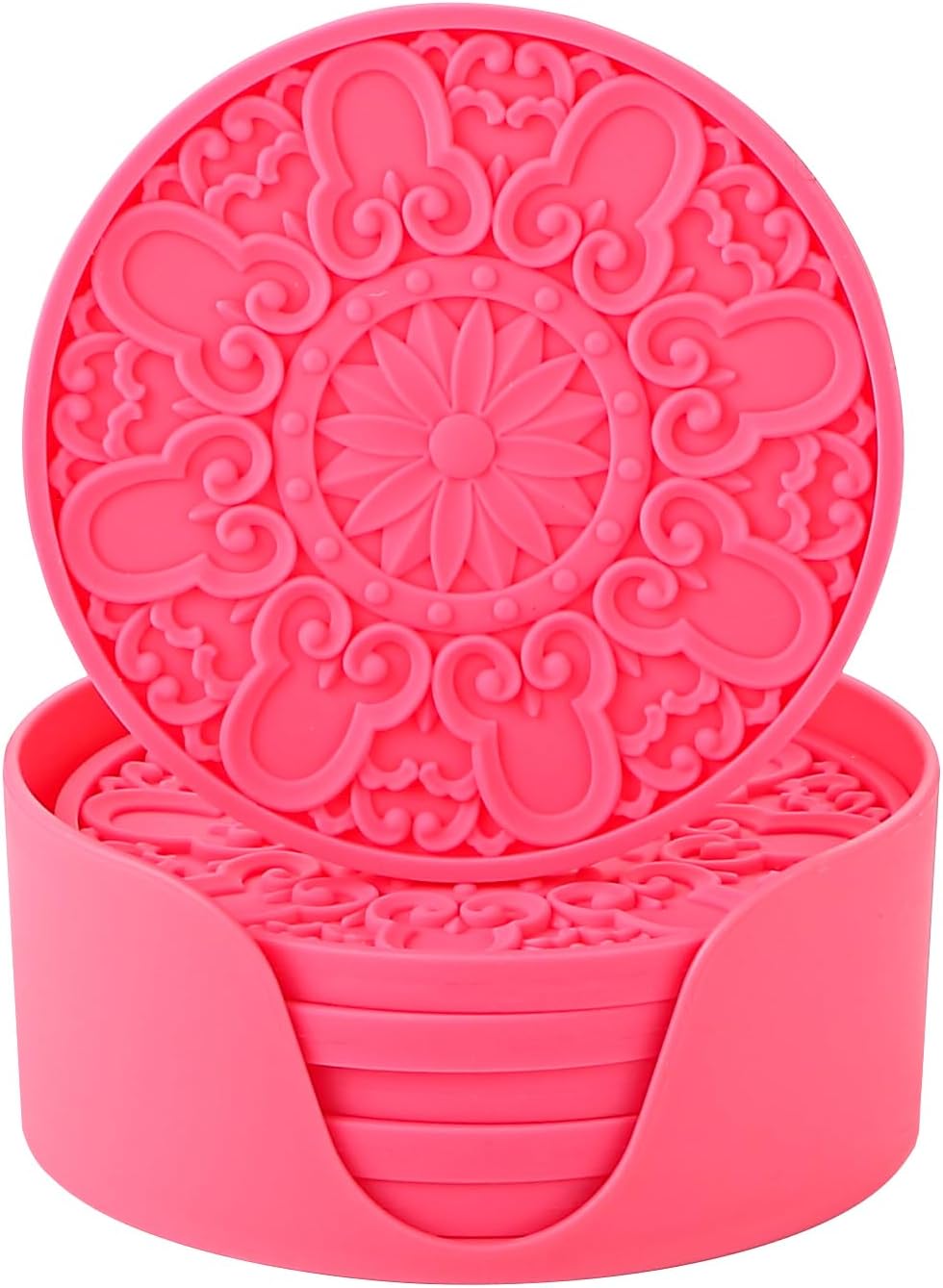 Colinda Silicone Coasters - Set of 6 with Holder, Non-Slip Cup Mats for Hot and Cold Drinks, Decorative Designs, Gift Ready Packaging,Fuschia