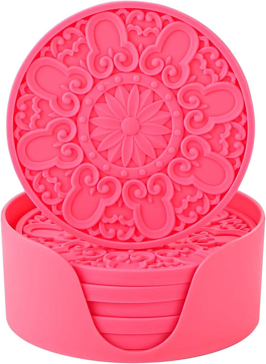 Colinda Silicone Coasters - Set of 6 with Holder, Non-Slip Cup Mats for Hot and Cold Drinks, Decorative Designs, Gift Ready Packaging,Fuschia