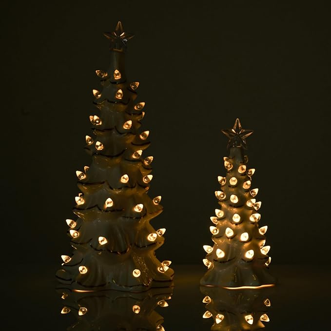 WDS WONDROUS Ceramic Christmas Tree Tabletop - White and Gold Accents 2PCS Table Top Christmas Trees with Lights Prelit - Small Xmas Tree Figurines Home Mantel Desk Centerpieces