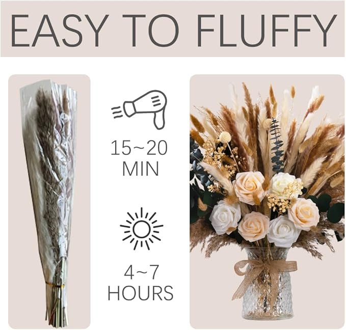 101pcs Natural Dried Pampas Grass Decor with Vase Artificial Flowers in Vase Boho Home Decor Bouquet Bunny Tails Dried Flowers, Reed Grass Bouquet for Wedding Floral Arrangements (101pcs)