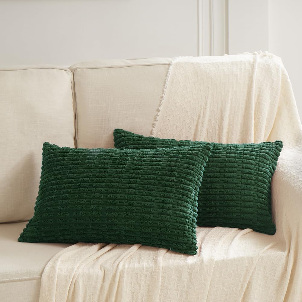 Fancy Homi Boho Dark Green Decorative Throw Pillow Covers 12x20 Inch for Couch Bed Sofa, Rustic Modern Farmhouse Home Decor, Soft Plush Corduroy Cute Square Cushion Case 30x50 cm