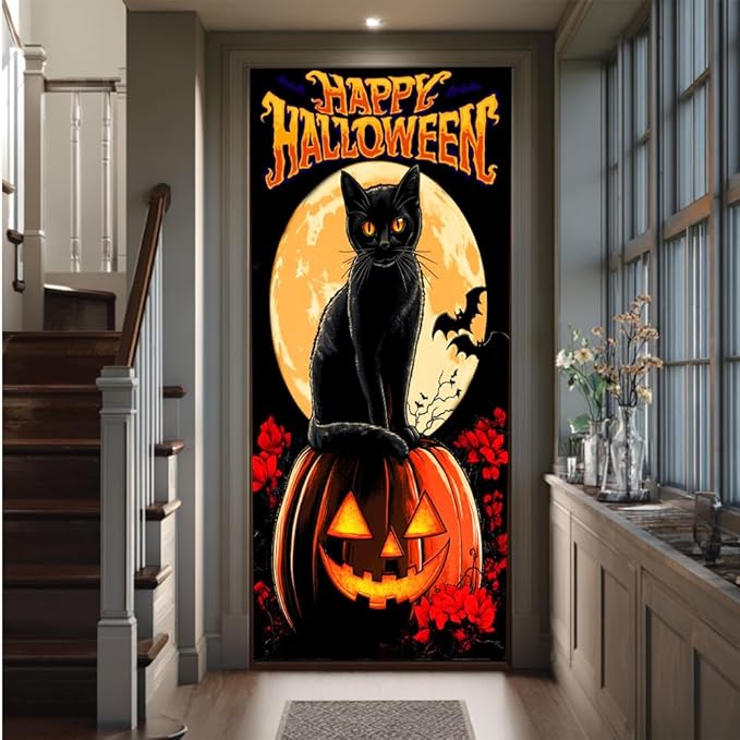 Halloween Door Banner Moonlit Night Black Cat Double Bat Spooky Decoration 71x35 Inches