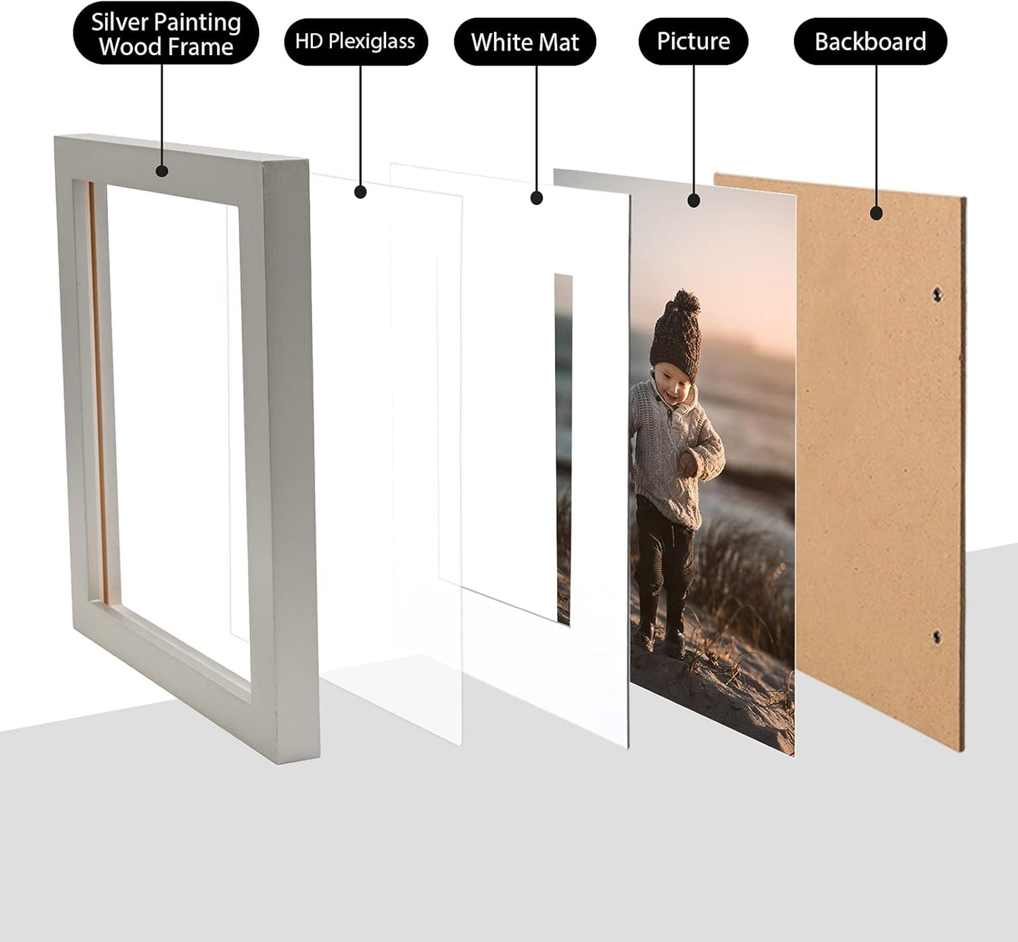KINLINK 6x8 Picture Frame Light Grey, Solid Wood Frames with Acrylic Plexiglass for Pictures 4x6 with Mat or 6x8 without Mat,Tabletop and Wall Display Photo Frame, Set of 4