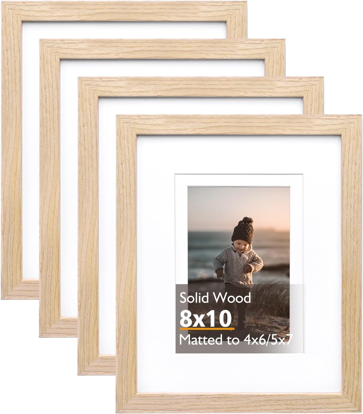 KINLINK 8x10 Picture Frame Natural, Solid Wood Frames with Acrylic Plexiglass for Pictures 4x6/5x7 with Mat or 8x10 without Mat, Tabletop and Wall Display Photo Frame, Set of 4