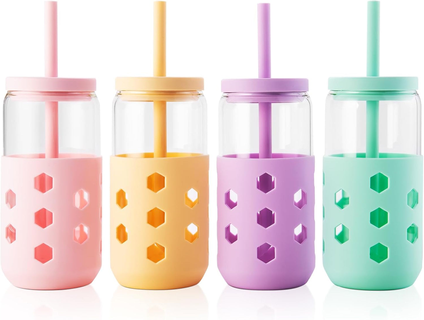 Glass Cups with Silicone Lids and Straws (4 Pcs), 16oz Drinking Glasses Set with Silicone Sleeves for Coffee Bar Accessories Iced Coffee Cups with Lids, Glass Tumbler Reusable for Gifts