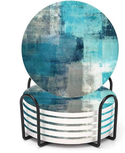 LOKMU Coasters for Drinks,Round Absorbent Ceramic Stone Coaster Sets of 6 with Metal Holder Stand, Turquoise and Grey Abstract Art Coasters with Cork Base for Coffee Wooden Table,Housewarming Gifts