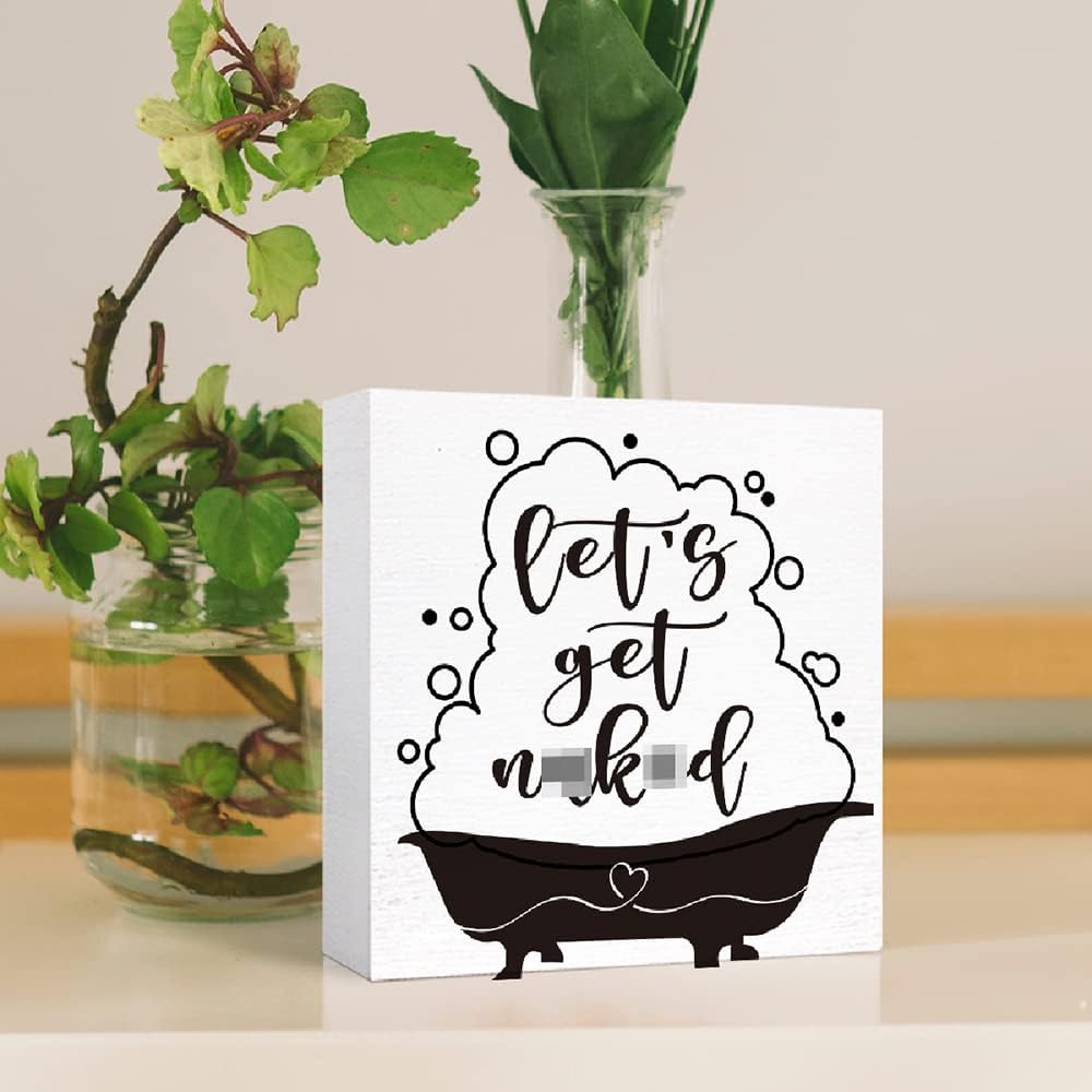 Funny Wood Block Sign 'Let's Get Naked' for Bathroom Shelf, Toilet, Restroom - Farmhouse Wooden Box Sign for Home Tabletop Desk Decor