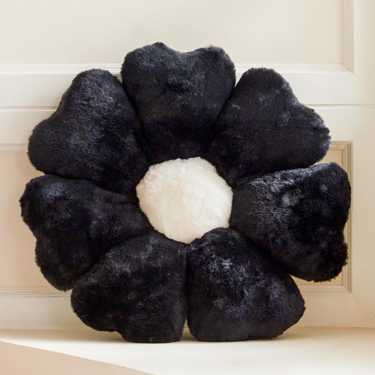 Flower Pillow, Black Daisy Flower Decorative Pillows for Bed, Cute 19.6" Flower Shaped Pillow with Soft Faux Rabbit Fur Dorm Home Decor Floor Seating Cushion
