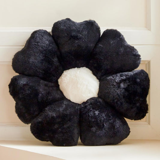 Flower Pillow, Black Daisy Flower Decorative Pillows for Bed, Cute 19.6" Flower Shaped Pillow with Soft Faux Rabbit Fur Dorm Home Decor Floor Seating Cushion