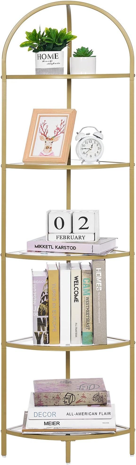 Homhedy 5-Tier Corner Shelf Stand, Metal Corner Bookshelf, Tempered Glass Shelves, Bathroom Storage Rack Shelf, Plant Stand, Modern Style, Golden