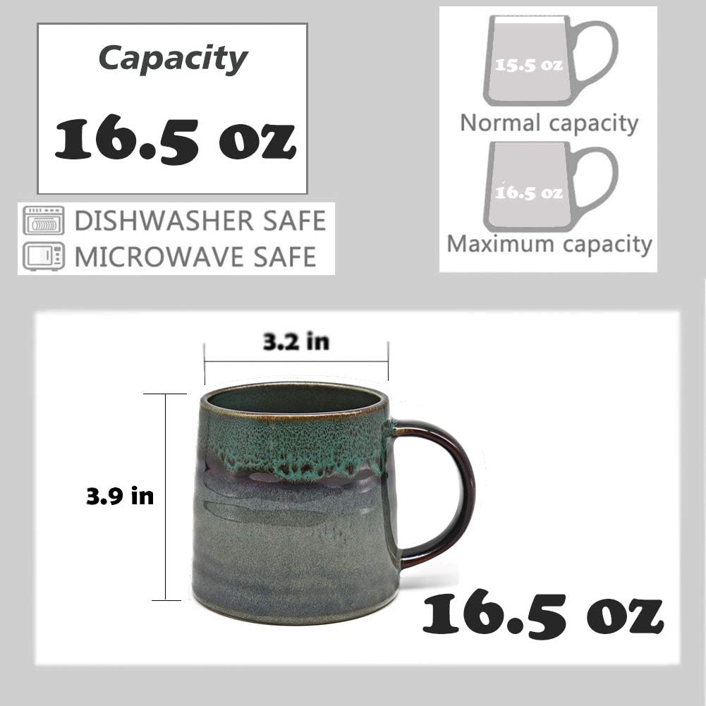 Large Ceramic Coffee Mug, Pottery Mug,Tea Cup for Office and Home,Handmade Pottery Coffee Mugs,16.5 Oz,Dishwasher and Microwave Safe,kiln altered glaze craft (Dark Green)