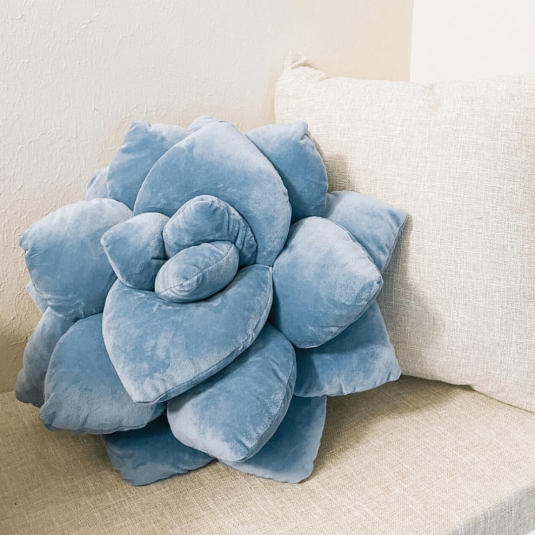 Green Philosophy Co. Succulent® Pillow 16" – Soft 3D Decorative Flower Throw Pillow, Unique Smokey Blue Plush Flower Cushion, Perfect for Couch, Sofa, Bedroom Decor, Gift for Plant Lovers