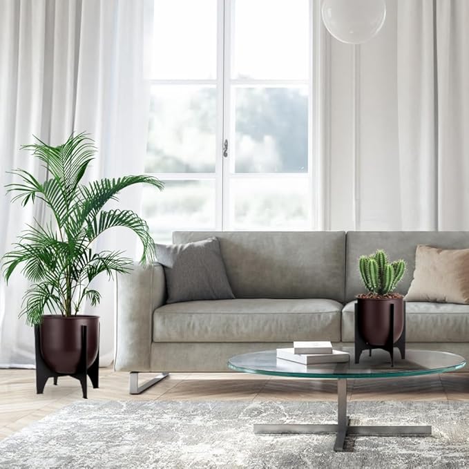 TRIROCKS Set of 2 Planters with Stand Indoor Outdoor Metal Plant Stand 11 &8.5" H Modern Planters Flower Pots for Living Room Corner Kitchen Office Garden Balcony Patio Decor (Brown)