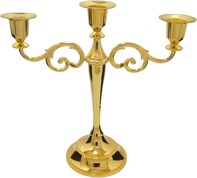3 Candle Metal Candelabra – Candlesticks Holder for Formal Events, Wedding, Church, Holiday Décor, Halloween – Taper Candle Holder Stand Centerpiece Elegant Decoration Piece for Table,Gold