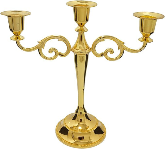 3 Candle Metal Candelabra – Candlesticks Holder for Formal Events, Wedding, Church, Holiday Décor, Halloween – Taper Candle Holder Stand Centerpiece Elegant Decoration Piece for Table,Gold