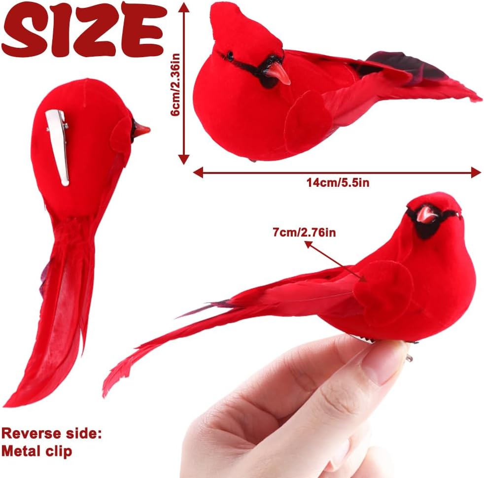 JOICEE 6 Pcs Cardinal Red Birds for Crafts, Artificial Cardinal Clip On Christmas Tree Ornaments Red Feather Faux Birds Cardinals Decorations for Xmas Tree Wreath Yard Patio Home Decor